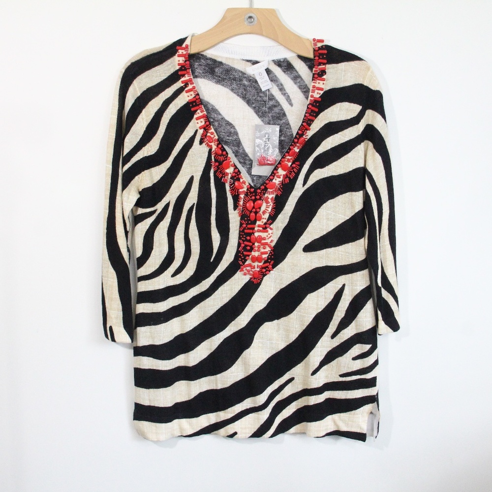Chico's Animal Print Sweater NEW Small Women Beaded Tunic Top sz 0 Linen